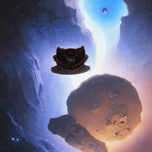 Image similar to An Alien Owl is sitting on an asteroid with a large magical Wormhole as the background, psychedelic art, cosmic, artstation, sci-fi fantasy, concept art, smooth, sharp focus, illustration, art by greg rutkowski and orientalism and bouguereau and Zdzislaw Beksinski, good clear quality, lighting, biology, symmetrical artwork, perfect face, 135 mm, cinematic, hyper realism, high detail, octane render, 8k, chrome accents