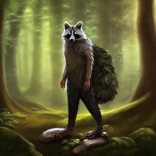Image similar to a woodland druid in a forest with a wolf bird and racoon, photorealistic, in the style of greg rutkowski, digital painting