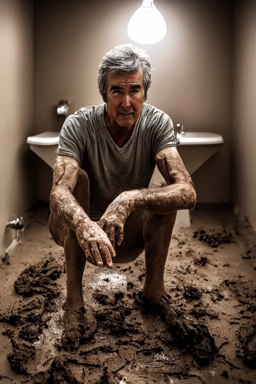 Image similar to cinematic still of randy mantooth covered in mud crawling on hands and knees across a bathroom floor, 4 k, dramatic lighting