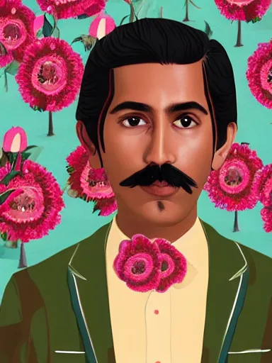 Image similar to artwork by Wes Anderson, Wes Anderson and Wes Anderson, of a solo individual portrait of an Indian guy with roses, dapper, simple illustration, domestic, nostalgic, full of details, by Wes Anderson and Wes Anderson, wes anderson, wes anderson, wes anderson, wes anderson, wes anderson, Matte painting, trending on artstation and unreal engine