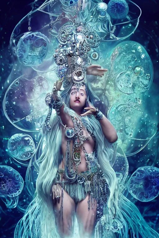 Prompt: a centered render of an mystical wild goddess with wearing ornate silver and gemstones and crystal clothing surrounded by flowing liquid gallium jellyfish and sacred geometry, perfect body and face, gorgeous, cinematic, beautifully lit, by alberto seveso, by zack snyder, by cory loftis, 3 d, trending on artstation, octane render, 8 k