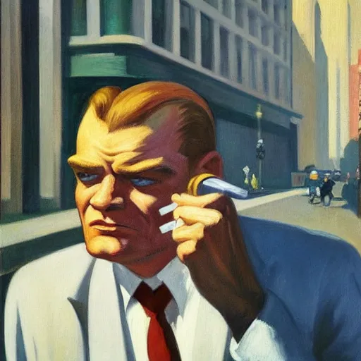 Image similar to A portrait of James Cagney smoking a cigar in a busy downtown Chicago street, circa 1940s, painting by Edward Hopper