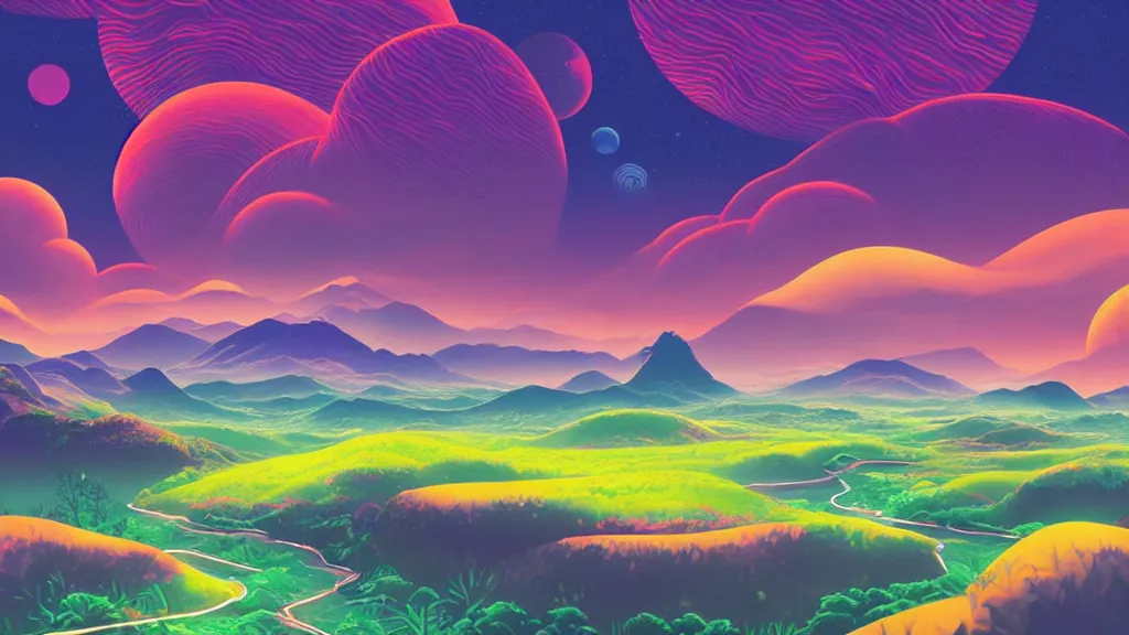 Image similar to digital painting of a lush sinuous river valley by. river. sunset. no mans sky. chiho aoshima. digital render. detailed. beautiful landscape.