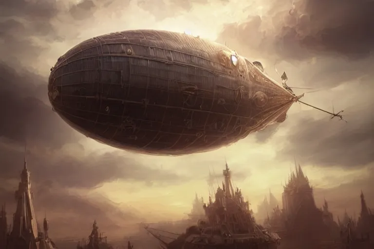 Prompt: An airship flying through the clouds towards a steampunk city, epic fantasy style, highly detailed, photorealistic, reflections, smooth, sharp focus, concept art, illustration, beautiful, geometric, trending on artstation, cinematic, featured on behance , artwork by WLOP and Tran, Ross