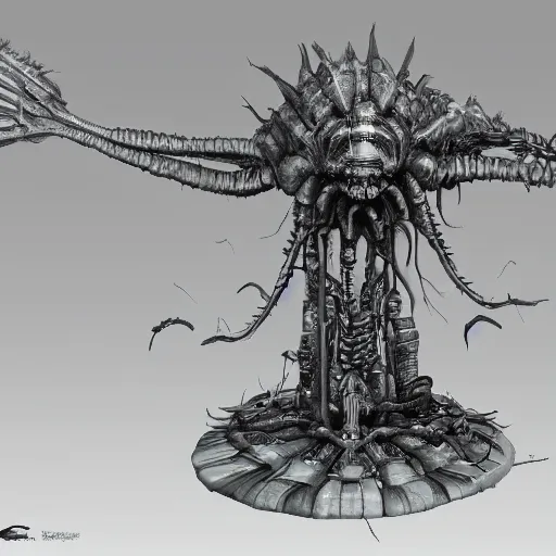 Image similar to phyrexian dreadnought borg queen xenomorph hybrid with protomolecule vesicles being possessed by the machine spirit artists tram pararam and doctor seuss with joan semmel and hr giger pastel high contrast cinematic light, mystical shadows, sharp focus, warhammer fourty k, octane render