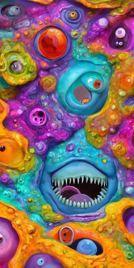 Image similar to of a colorful deep sea crater with strange cute blobby happy creatures with huge eyes, mouth, long tongue and round teeth appearing from smokey background, in the style of gehry and gaudi, macro lens, shallow depth of field, ultra detailed, digital painting, trending artstation, concept art, illustration, cinematic lighting, photorealism, epic, octane render