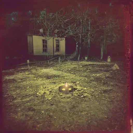 Prompt: occult sacrifice site in an abandoned school playground, dark and scary lighting, real photo taken with Polaroid camera