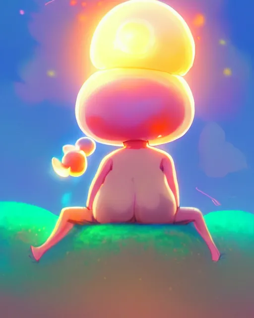 Image similar to concept art for a cute thicc humanoid mushroom creature, anime style, golden hour, lens flare, pastel pink glow, sitting on the beach | | epic - fine - clean, polished, trending on artstation, brush strokes