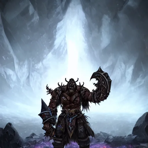 Image similar to epic world of warcraft orc warrior chief thrall standing in front of a gigantic throne made of dark ice with a dark sky above made of a dark hurricane spiral, extremely detailed, wow, cinematic, unreal engine 5, artistic, movie poster, world of warcraft cinematics style