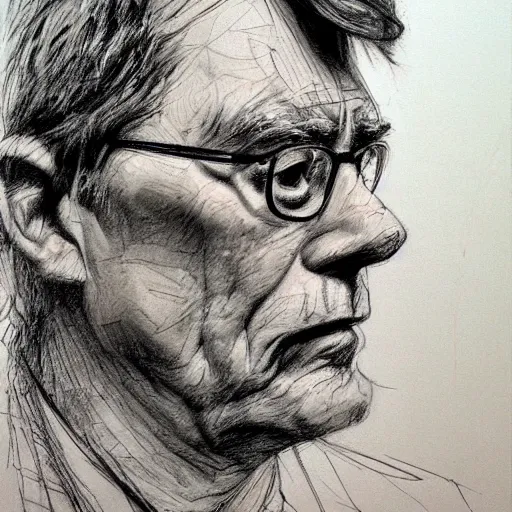 Image similar to a realistic yet scraggly portrait sketch of the side profile of a stern and sophisticated stephen king, trending on artstation, intricate details, in the style of frank auerbach, in the style of sergio aragones, in the style of martin ansin, in the style of david aja, in the style of mattias adolfsson