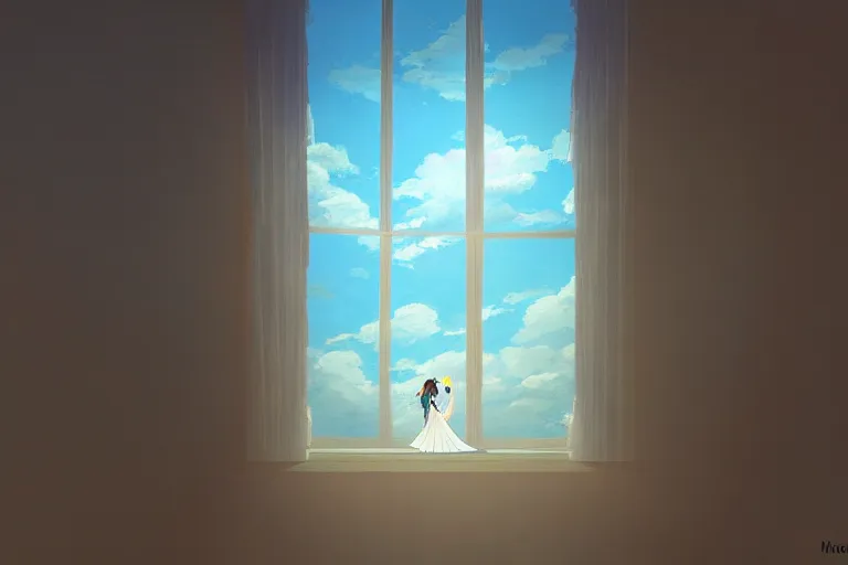 Image similar to a beautiful detailed picture of window, a bride and a groom, sky, by makoto shinkai