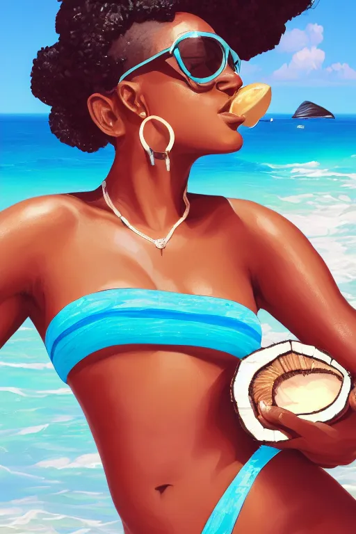 Image similar to a highly detailed beautiful portrait of Black women in the Caribbean wearing aquamarine bikini and shades, full glossy lips, drinking out of a coconut highly detailed, behance hd by Jesper Ejsing, by RHADS, Makoto Shinkaih and Lois van baarle, ilya kuvshinov, rossdraws global illumination, cinematic , hyper-reslistic, depth of field, coherent, high definition, 8k resolution octane renderer, artstation