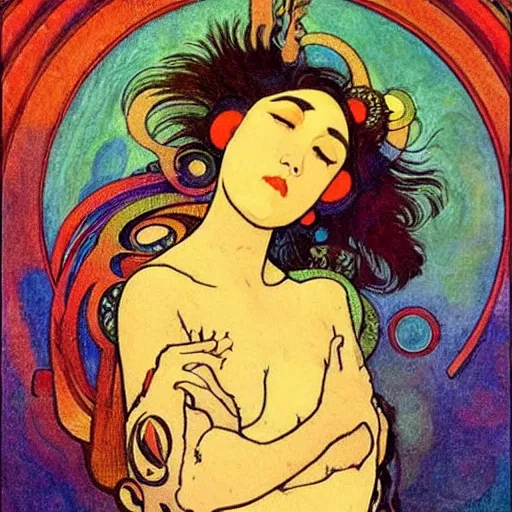 Image similar to The Goddess of Art, paint, ink, palettes, spectrum, in the style of Octavia Ocampo, Mucha, Kandinsky