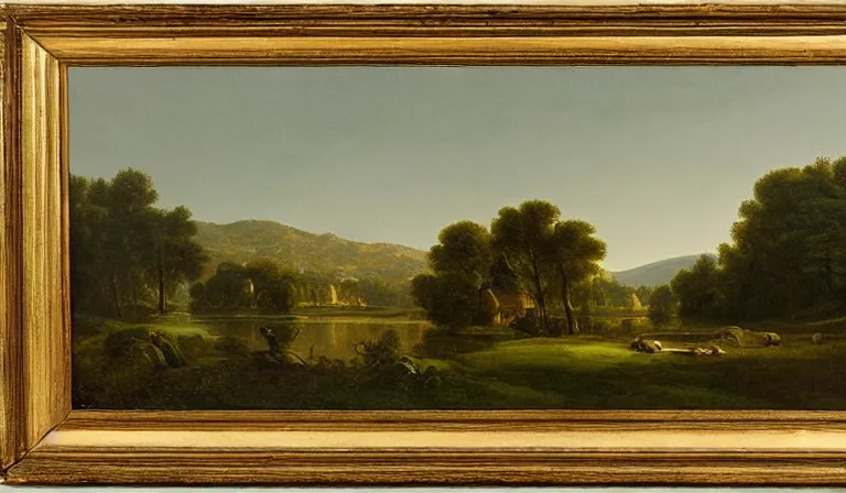 Prompt: A serene landscape with a singular building in the style of Asher Brown Durand.