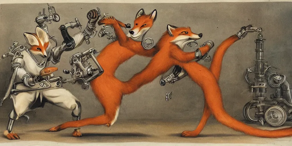 Prompt: anthropomorphic fox fighting a mechanical monster