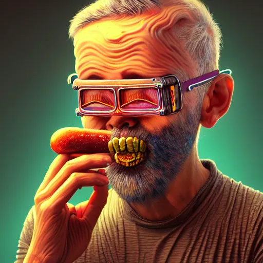 Image similar to Colour Photography of 1000 years old man with highly detailed 1000 years old face wearing higly detailed cyberpunk VR Headset designed by Josan Gonzalez Many details. Man eating higly detailed hot-dog. In style of Josan Gonzalez and Mike Winkelmann andgreg rutkowski and alphonse muchaand Caspar David Friedrich. Rendered in Blender
