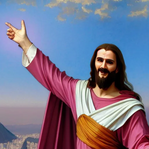 Prompt: buddy christ from dogma dressed as christ the redeemer pointing both fingers in at rio de janeiro, vied from above and behind, dynamic composition, dramatic lighting, trending on artstation, award winning art, stylized painting, ultrawide lens, aerial photography, rio de janeiro, 4 k, art by william bouguereau, alphonse mucha, greg rutkowski,