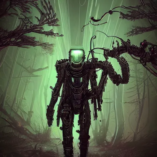 Image similar to Hunter in combat wooden exoskeleton with chrome details walks between the roots. by Dan Mumford and Tsutomu Nihei make game in Unreal Engine photorealism colorful finalRender iridescent fantasy concept art 8k resolution concept art ink drawing volumetric lighting bioluminescence, plasma, neon, brimming with energy, electricity, power, Colorful Sci-Fi Steampunk Biological Living, cel-shaded, depth, particles, lots of reflective surfaces, subsurface scattering