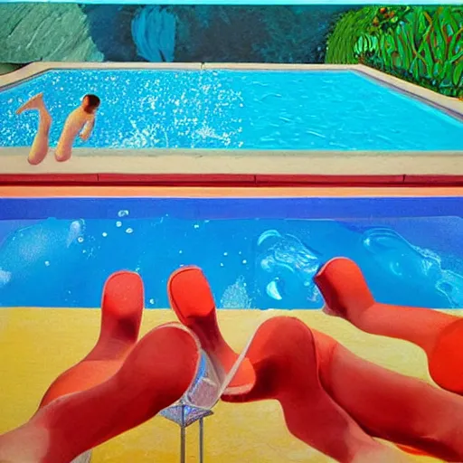 Prompt: a pool filled with coke cola big splash, David Hockney style painting, California back yard