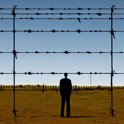 Image similar to a man in front of a high wire fence, minimalist, dystopian art