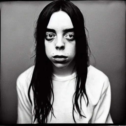 Image similar to photo of Billie Eilish by Diane Arbus, black and white, high contrast, Rolleiflex, 55mm f/4 lens