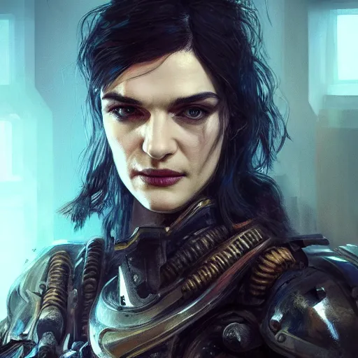 Prompt: rachel weisz portrait, dystopia core, apocalyptic, armor, warrior, dramatic, sharp focus, fiction, neon, fantasy, hyper detailed, digital art, trending in artstation, cinematic lighting, studio quality, smooth render, unreal engine 5 rendered, octane rendered, art style and nixeu and wlop and krenz cushart