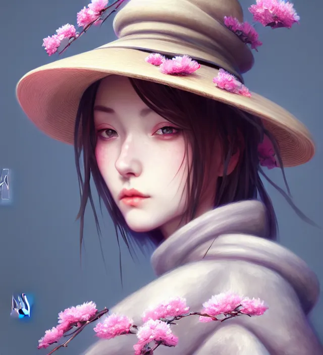 Prompt: a portrait of a female wearing a hat with sakura on top, hyper detailed, digital art, cinematic lighting, sharp focus, radiant highlight, studio quality, smooth render, unreal engine 5 rendered, octane rendered, trending on artstation, cgsociety, by klimt nixeu ian sprigger wlop krenz cushart