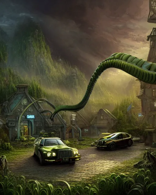 Image similar to xenomorph taxi car in a fantasy village, calming, uplifting mood, ultra realistic, farm, small buildings, highly detailed, atmosphere, masterpiece, epic lighting, elves, green plants, magic, illuminated, 4 k, cinematic, morning sun, art by eddie mendoza and sylvain sarrailh and jonathan berube