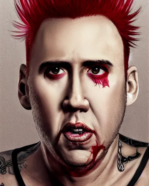 Prompt: nicolas cage with a short red dyed mohawk, red eyes and a slim face, gauged ears, dressed in crustpunk clothing, headshot, attractive, handsome, in color, no makeup, model, trending on artstation, high quality art, character design, realism