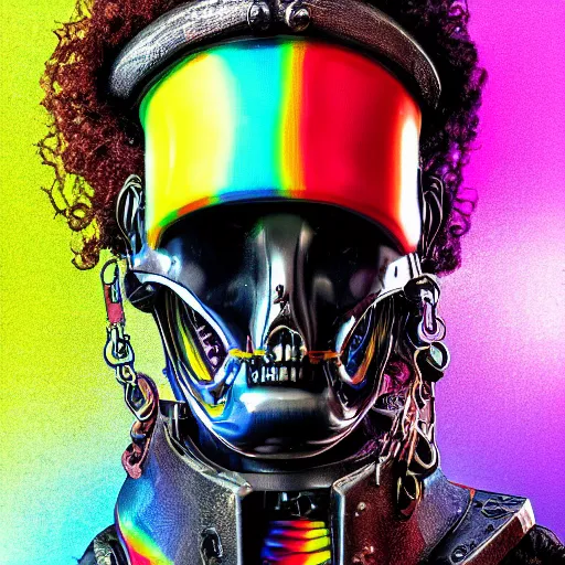 Prompt: a portrait photo of a futuristic sci - fi pirate, rainbow themed, robot pirate