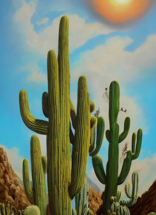 Prompt: a beautiful painting of the san pedro cactus with the face of an old indigenous man in the sky representing its spirit, fantasy art, matte painting