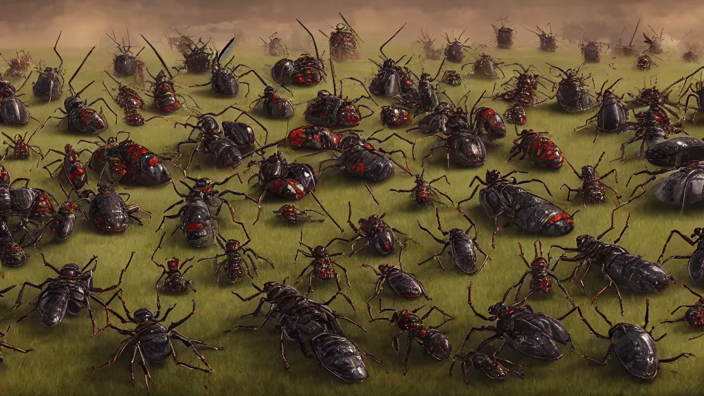 Image similar to cinematic painting of an army of giant bugs