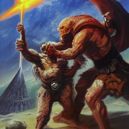 Image similar to pepe and ape in melee combat with Sauron on steps of Barad Dur, painting by Boris Vallejo