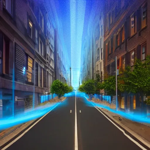 Prompt: a volumetric city of pure blue light, beautiful street with city structures of blue light emission, perspective looking through augmented reality, this town is rendered but the street is real life, photo