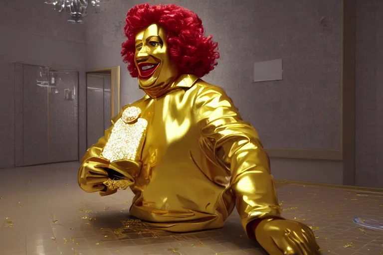 Image similar to a still of ronald mcdonald surrounded by gold and diamonds, award - winning, photograph, 3 d render, unreal engine, 4 k detailed