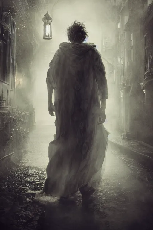 Prompt: a realistic photo of sandman, dream of the endless, by neil gaiman, pale face, spiky hair, swirling mist, intricate details and textures, mystical feeling, a dark and misty alley lit by gas lanterns, hyper realistic octane render, volumetric shading, depth of field, raytracing, 8 k,