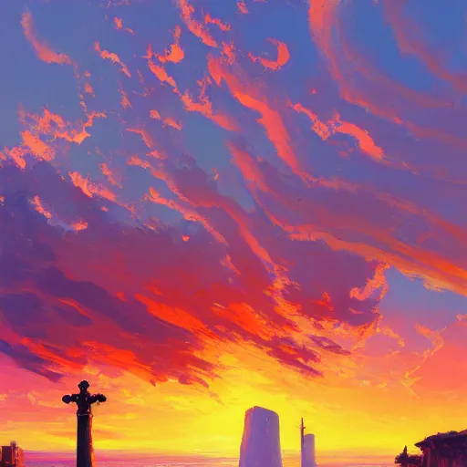 Prompt: acrylic painting, impressionism and expressionism, bold pastel colors, expressive brushstrokes, a spectacular sunset over the shore of the island of monuments and statues, by andreas rocha, trending on artstation