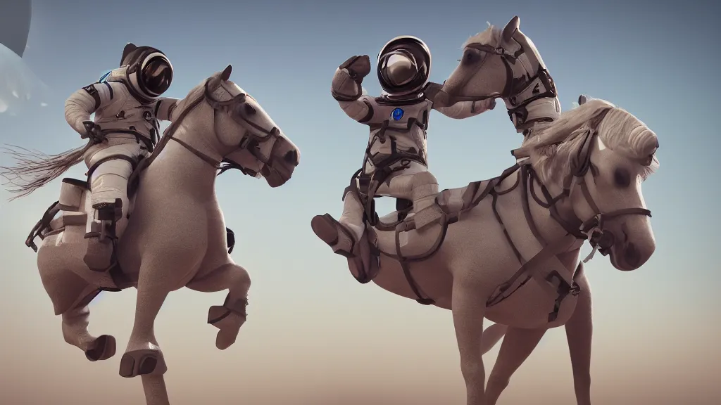 Prompt: no gravity, a horse riding an astronaut, a horse on the back of an astronaut, small horse, huge astronaut, humor, laughter, illusion, deception of vision, 3 d, unreal engine 5, artstationhd, 4 k, 8 k, 3 d render, 3 d houdini, cinema 4 d, octane,