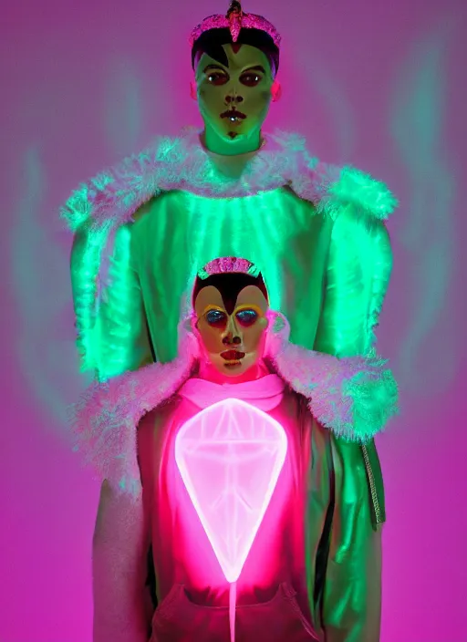 Prompt: photo of fullbodied baroque and bladerunner delicate neon diamond sculpture of seductive ceramic albino marble prince brian whittaker dotado mint iridescent humanoid deity wearing pink plastic fluffy hoody holding diamond skull in a white alien dungeon, reclining, glowing magenta face, crown of white diamonds, cinematic lighting, photorealistic, octane render 8 k depth of field 3 d