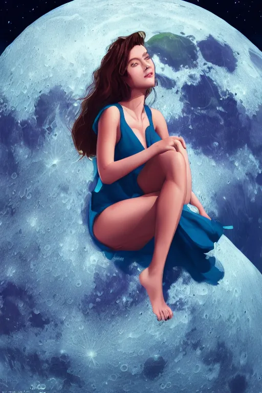 Image similar to Beautiful Woman sitting on the moon with a view of the earth in the background, digital painting, highly detailed, artstation, concept art, smooth, sharp focus, illustration.