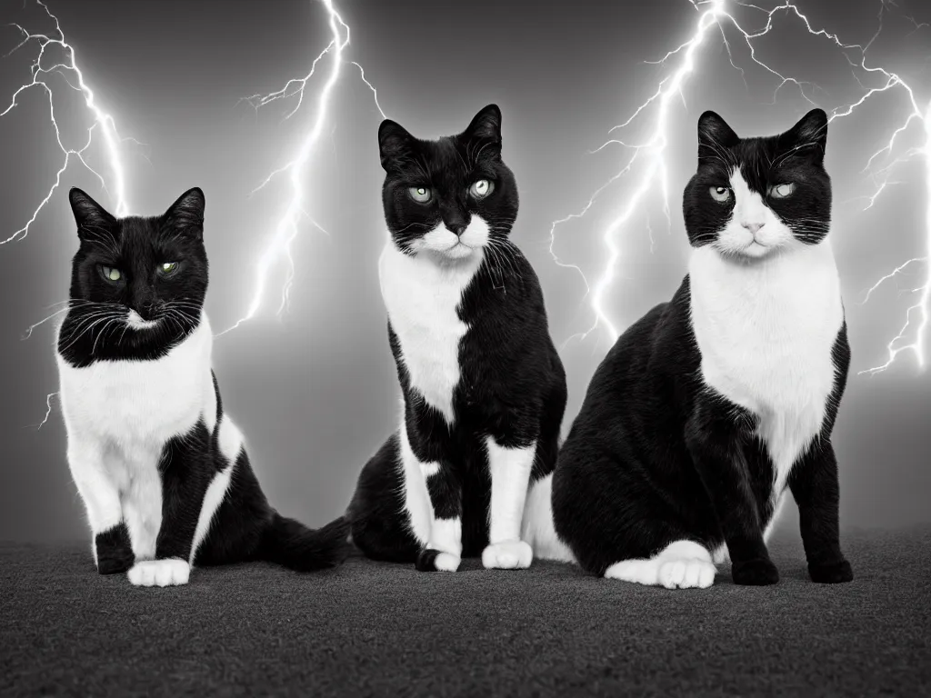 Image similar to Two black and white cats looking at you with disapproval, knowing what you really want to start generating, photo portrait, intricate, cinematic lightning, epic battle, epic composition