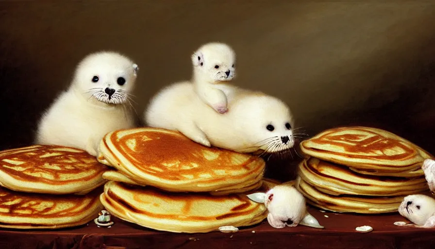 Image similar to highly detailed painting of cute furry white baby seals in a pile of jam pancakes on a table by william turner, by greg rutkowski, by william constable, thick brush strokes and visible paint layers, 4 k resolution