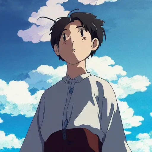 Prompt: friendly guy with Fragile looking portrait face stormy clouds made by Studio Ghibli highly detailed art, beautiful scene, sharp focus, smooth, 8k, anime art