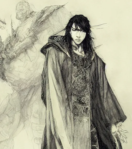 Image similar to portrait of anime giga chad with long hair wearing a dark robe, pen and ink, intricate line drawings, by craig mullins, ruan jia, kentaro miura, greg rutkowski, loundraw