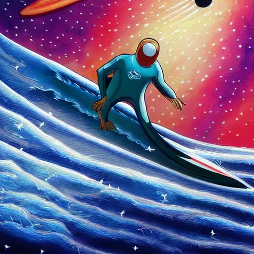 Image similar to surfer in space, intricate detail, airbrush painting, illustration,