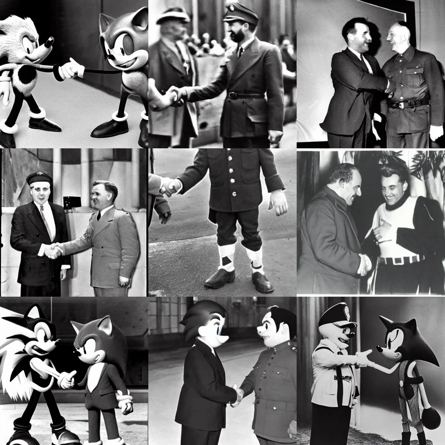 Prompt: sonic the hedgehog shaking hands with staline, archive photo, 1 9 5 1, black and white