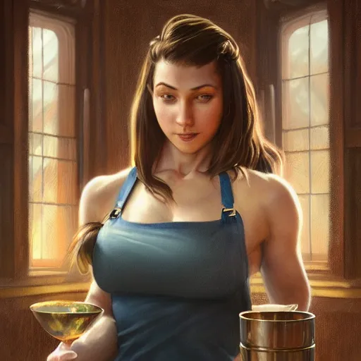 Image similar to Epic portrait, an muscular waitress serving a drink, Brown hair flow, pretty, glossy skin, digital painting, artstation, concept art, soft light, hdri, smooth, sharp focus, illustration, fantasy, intricate, elegant, highly detailed, D&D, matte painting, in the style of Greg Rutkowski and Alphonse Mucha and artemisia, 8k, highly detailed, jurgens, rutkowski, bouguereau, pastoral, rustic, georgic