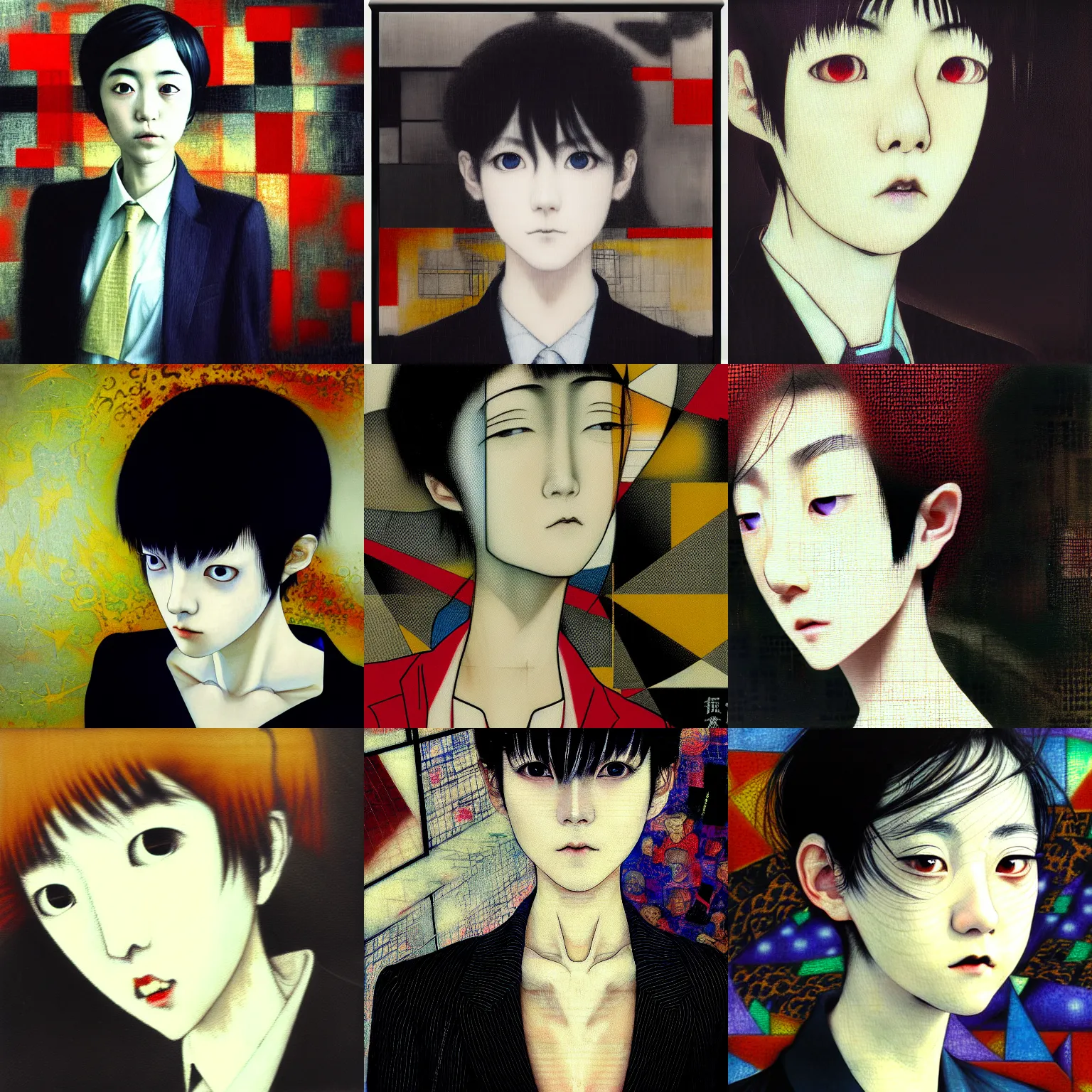 Image similar to yoshitaka amano blurred and dreamy realistic three quarter angle portrait of a young woman with short hair and black eyes wearing office suit with tie, junji ito abstract patterns in the background, satoshi kon anime, noisy film grain effect, highly detailed, renaissance oil painting, weird portrait angle, blurred lost edges