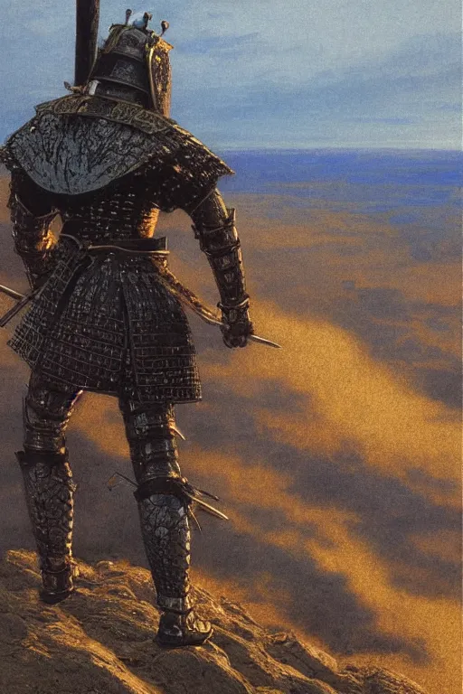 Prompt: a samurai in armour looking into the horizon on a cliff, golden hour, dramatic lighting, fluid, smooth, bright, colours, high contrast, sharpness, very detailed, intricate, by donato giancola, gustave dore and junji ito