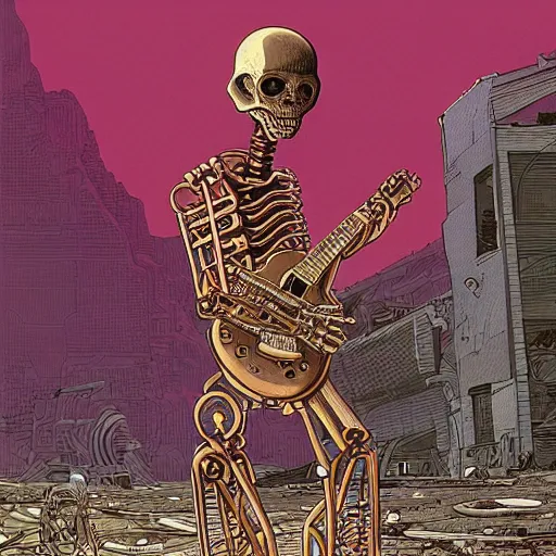 Image similar to illustration of a death robot playing guitar in a ruined street by kilian eng, katsuhiro otomo and jean giraud moebius, biomechanical